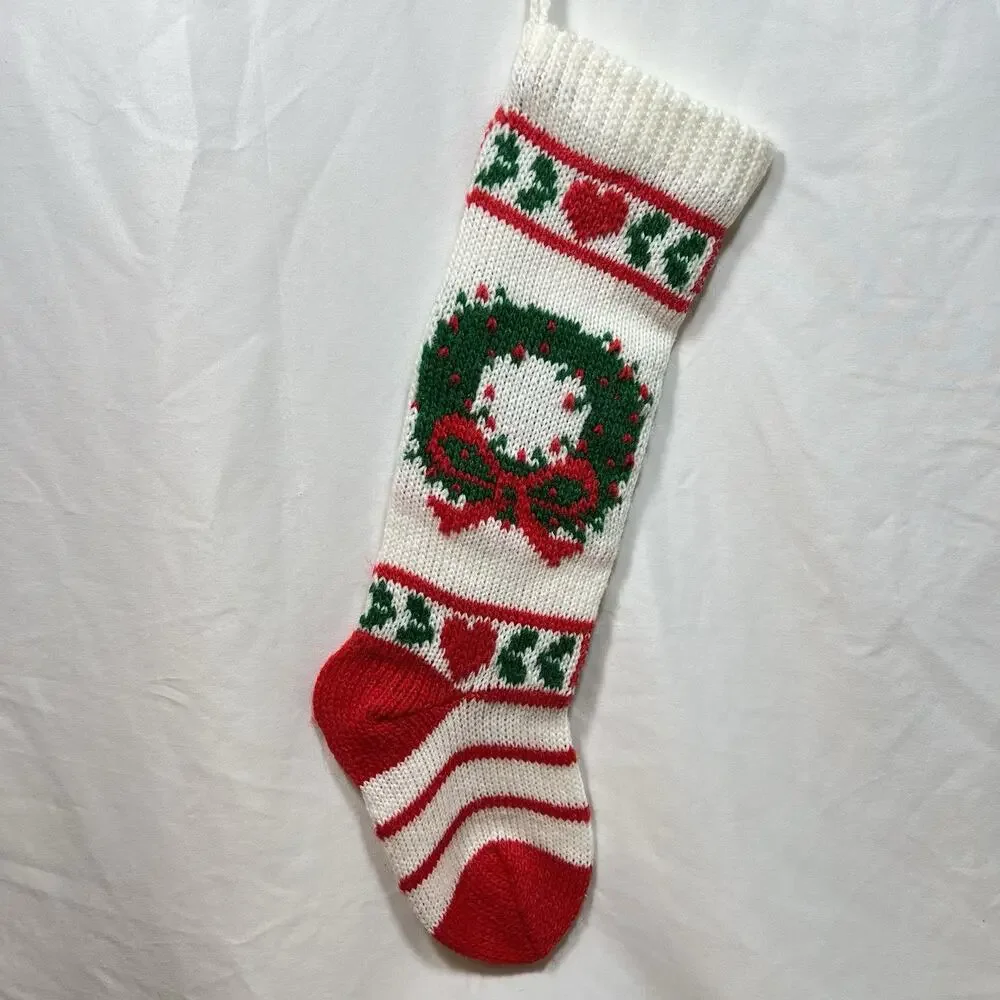 Vintage Knit Christmas Stocking with Wreath & Hearts Red White Green Country
